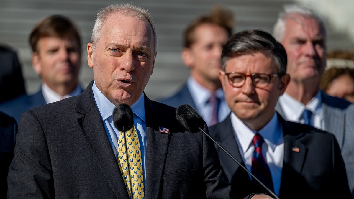 Steve Scalise at microphones next to Mike Johnson